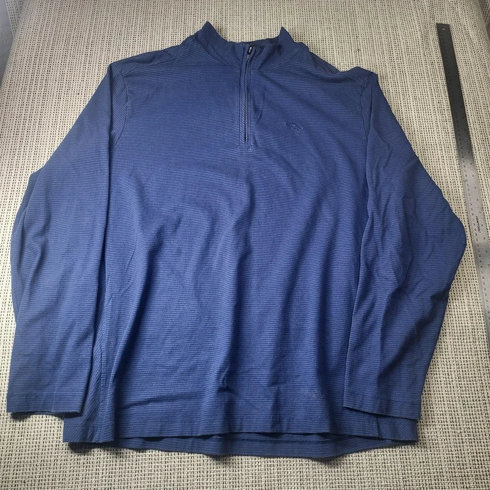 Tommy Bahama Sweater Mens 2XL Blue 1/4 Zip Mock Neck Knit Striped Pullover Logo